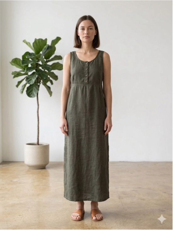POST CARD Dresses & Skirts - POSTCARD Italy Linen Midi Dress Army Green Button Front Boho Coastal Minimalist